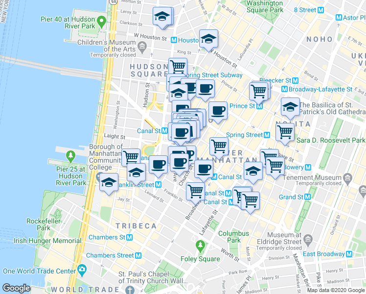 map of restaurants, bars, coffee shops, grocery stores, and more near 323 West Broadway in New York