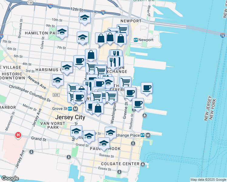 map of restaurants, bars, coffee shops, grocery stores, and more near in Jersey City