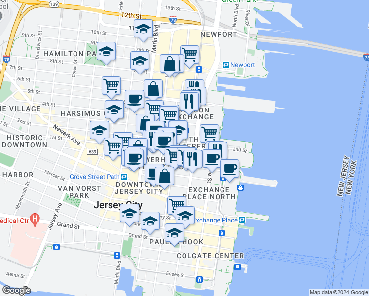 map of restaurants, bars, coffee shops, grocery stores, and more near 401 Washington Boulevard in Jersey City