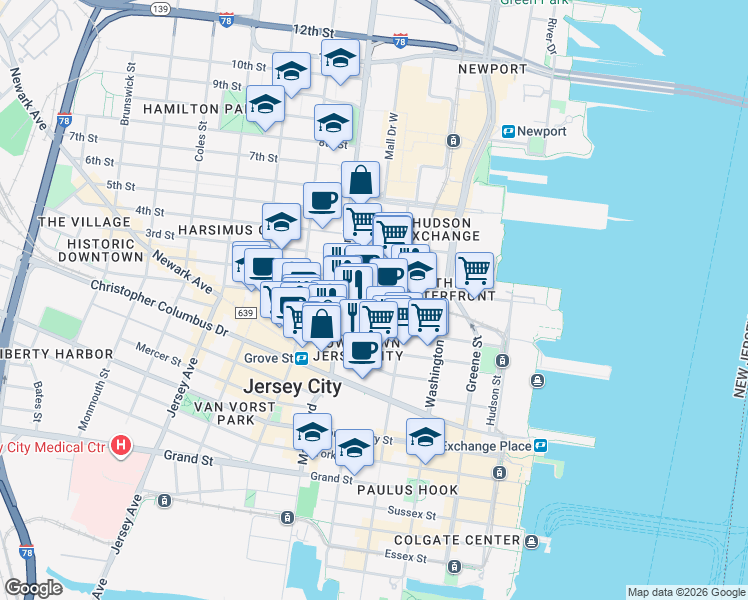 map of restaurants, bars, coffee shops, grocery stores, and more near 159 2nd Street in Jersey City