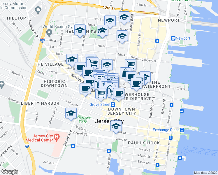 map of restaurants, bars, coffee shops, grocery stores, and more near 373 Manila Avenue in Jersey City