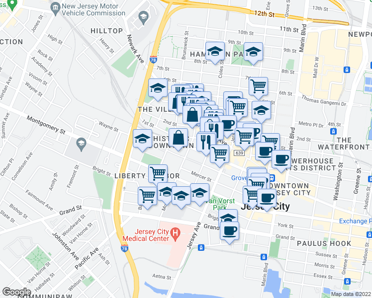 map of restaurants, bars, coffee shops, grocery stores, and more near 357 1st Street in Jersey City