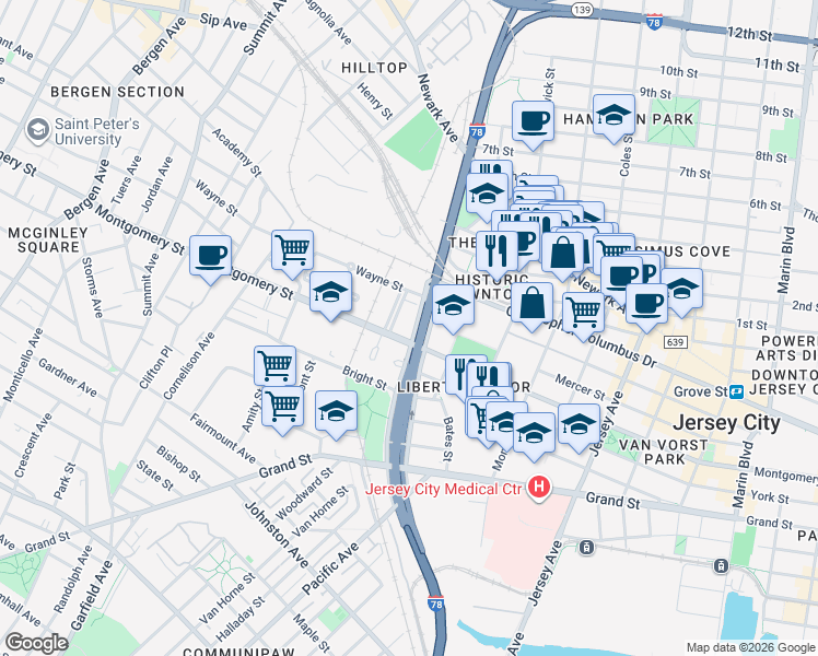 map of restaurants, bars, coffee shops, grocery stores, and more near 20 Christopher Columbus Drive in Jersey City