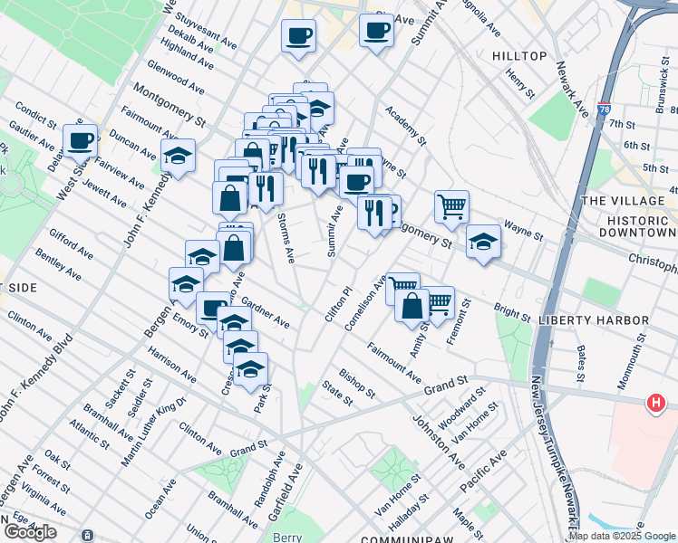 map of restaurants, bars, coffee shops, grocery stores, and more near in Jersey City