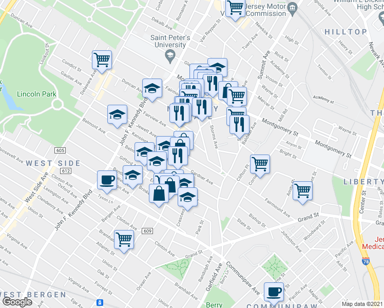 map of restaurants, bars, coffee shops, grocery stores, and more near in Jersey City