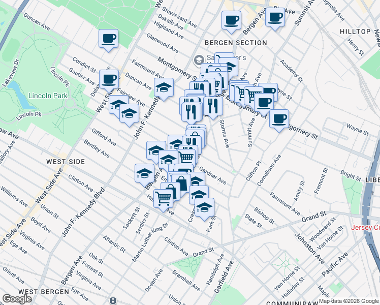 map of restaurants, bars, coffee shops, grocery stores, and more near in Jersey City