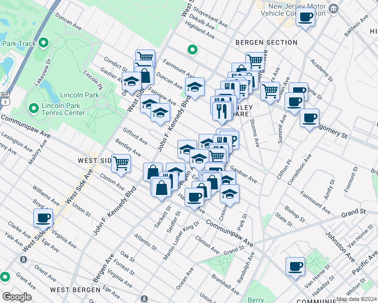 map of restaurants, bars, coffee shops, grocery stores, and more near 19 Kensington Avenue in Jersey City