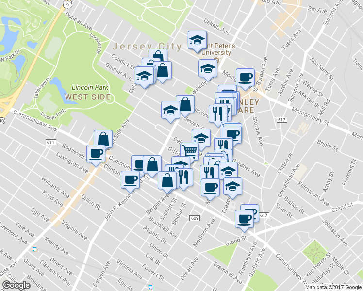 map of restaurants, bars, coffee shops, grocery stores, and more near 178 Belmont Avenue in Jersey City