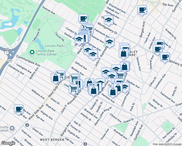 map of restaurants, bars, coffee shops, grocery stores, and more near 9500 Lincoln Park in Jersey City