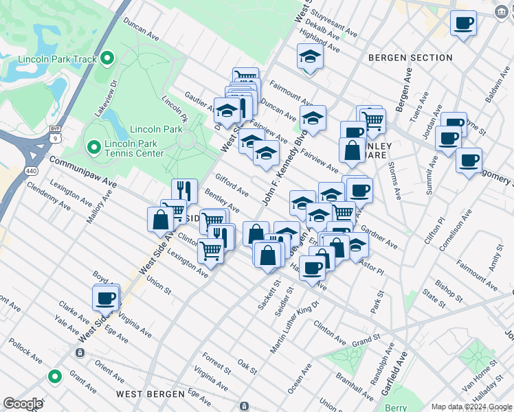 map of restaurants, bars, coffee shops, grocery stores, and more near 9500 Lincoln Park in Jersey City