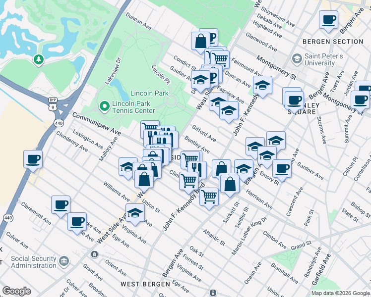 map of restaurants, bars, coffee shops, grocery stores, and more near 128 Bentley Avenue in Jersey City