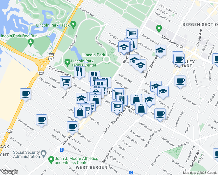 map of restaurants, bars, coffee shops, grocery stores, and more near in Jersey City