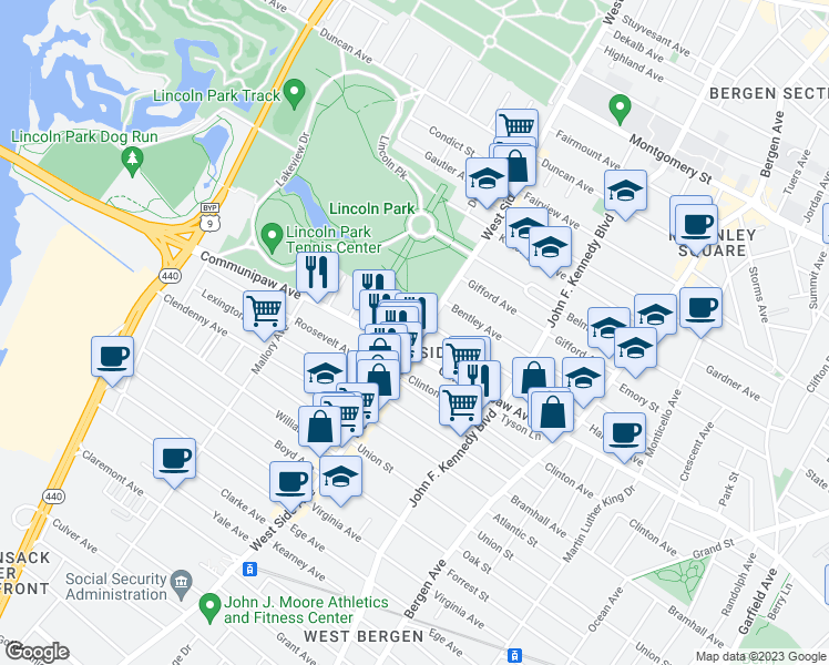 map of restaurants, bars, coffee shops, grocery stores, and more near in Jersey City