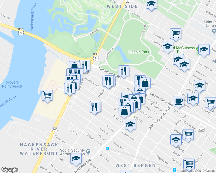 map of restaurants, bars, coffee shops, grocery stores, and more near 259 Lexington Avenue in Jersey City