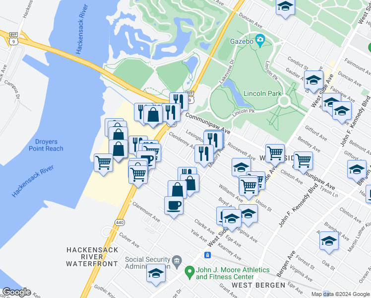 map of restaurants, bars, coffee shops, grocery stores, and more near 294 Clendenny Avenue in Jersey City