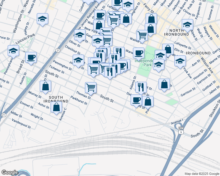 map of restaurants, bars, coffee shops, grocery stores, and more near 297 Jefferson Street in Newark