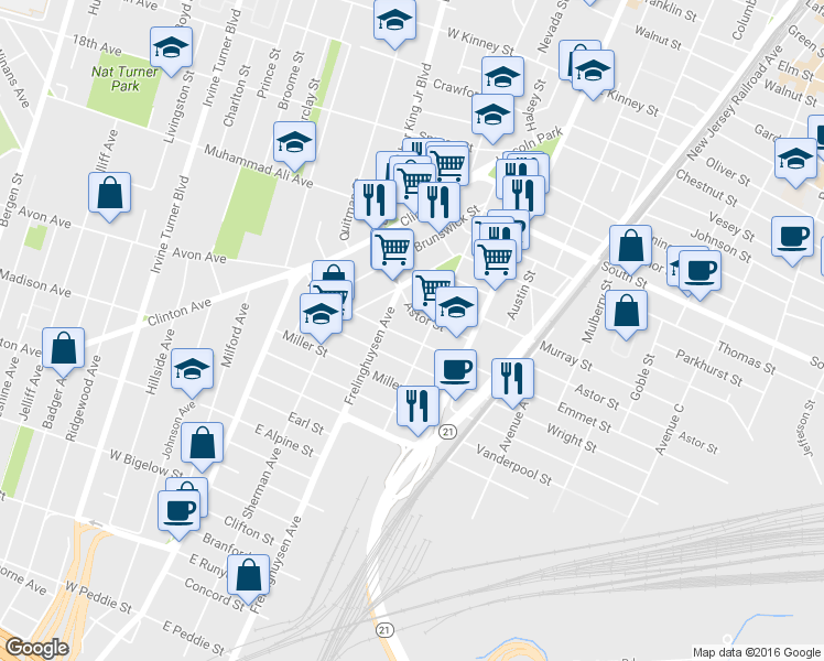 map of restaurants, bars, coffee shops, grocery stores, and more near 67 Astor Street in Newark