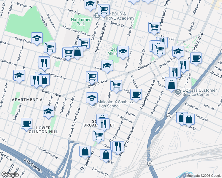 map of restaurants, bars, coffee shops, grocery stores, and more near 21 Milford Avenue in Newark