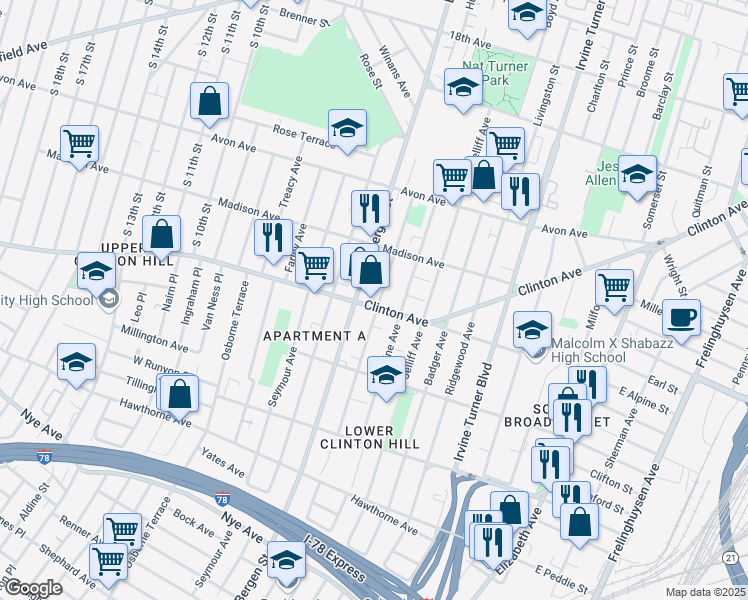 map of restaurants, bars, coffee shops, grocery stores, and more near 629 Hunterdon Street in Newark