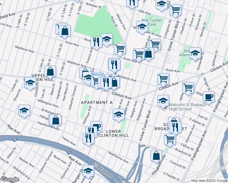 map of restaurants, bars, coffee shops, grocery stores, and more near 629 Hunterdon Street in Newark