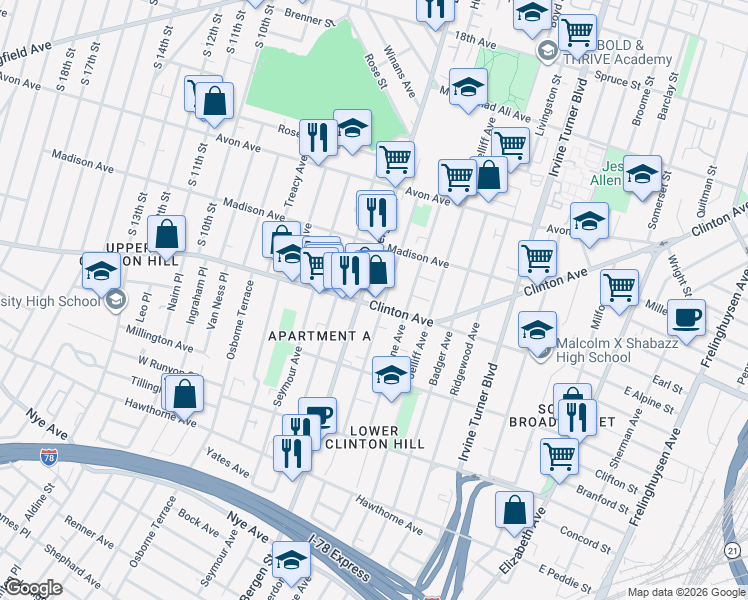 map of restaurants, bars, coffee shops, grocery stores, and more near 629 Hunterdon Street in Newark