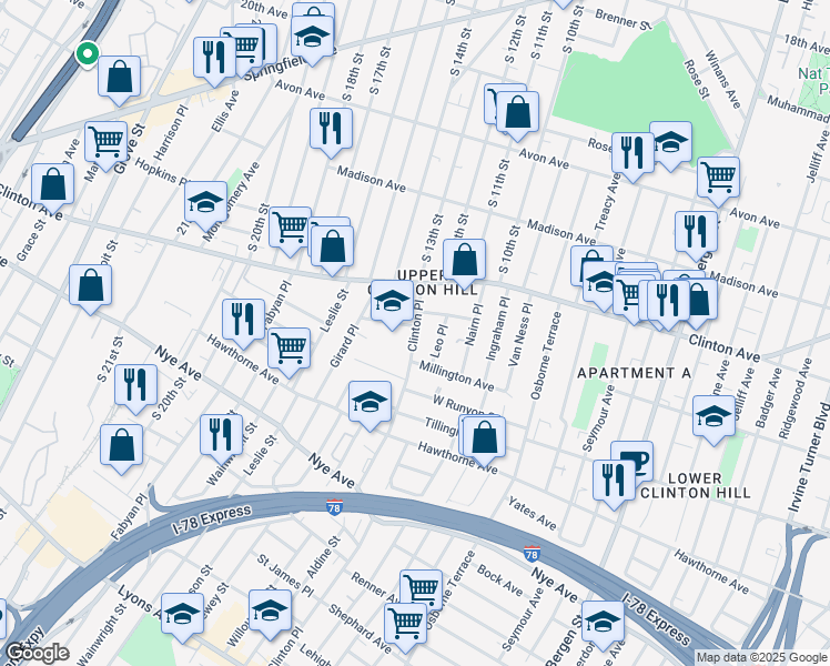 map of restaurants, bars, coffee shops, grocery stores, and more near 8-10 Randolph Place in Newark