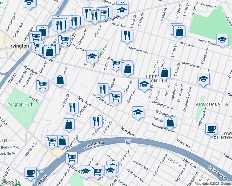 map of restaurants, bars, coffee shops, grocery stores, and more near in Newark