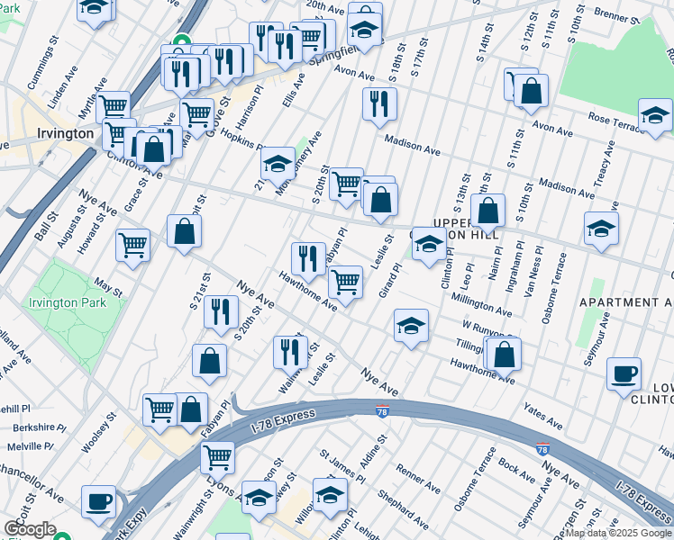 map of restaurants, bars, coffee shops, grocery stores, and more near 33 Beverly Street in Newark