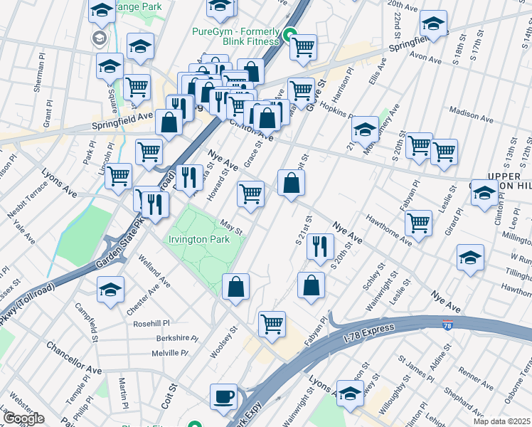 map of restaurants, bars, coffee shops, grocery stores, and more near 1090 County Road 509 in Irvington