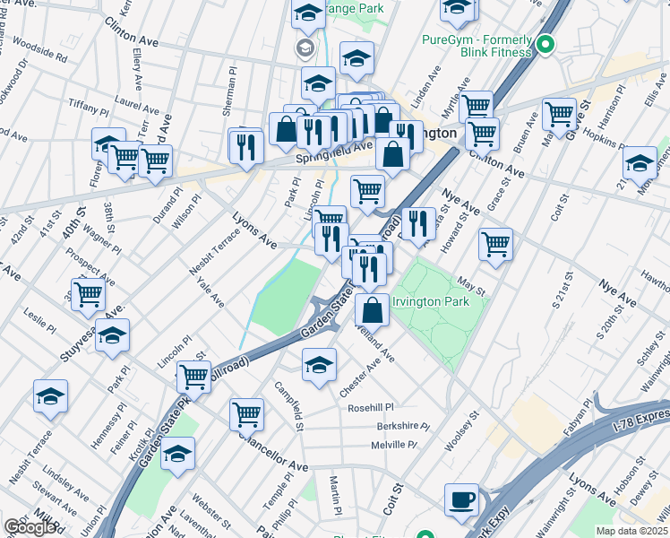 map of restaurants, bars, coffee shops, grocery stores, and more near 753 Lyons Avenue in Irvington