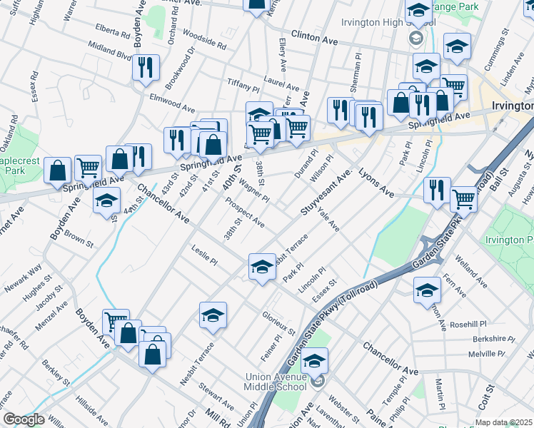 map of restaurants, bars, coffee shops, grocery stores, and more near 62 38th Street in Irvington