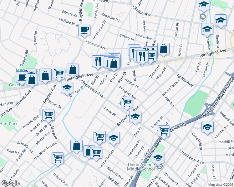map of restaurants, bars, coffee shops, grocery stores, and more near 71 40th Street in Irvington