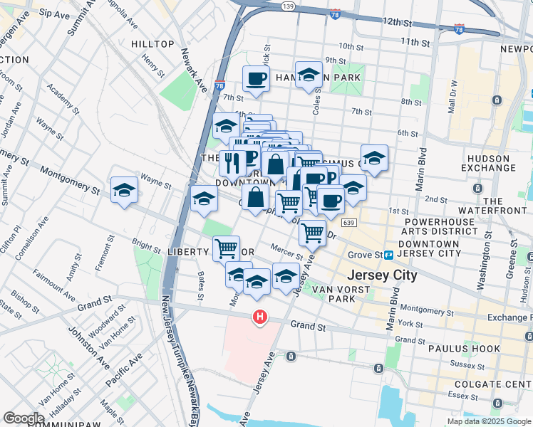 map of restaurants, bars, coffee shops, grocery stores, and more near 357 1st Street in Jersey City