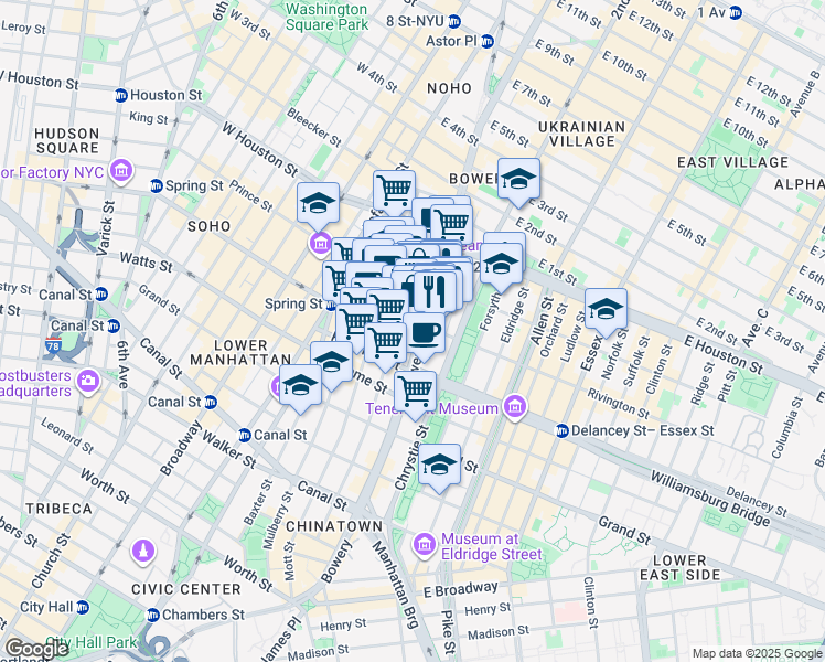 map of restaurants, bars, coffee shops, grocery stores, and more near 202 Bowery in New York