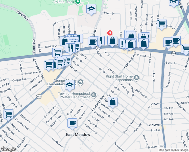 map of restaurants, bars, coffee shops, grocery stores, and more near 2243 5th Street in East Meadow