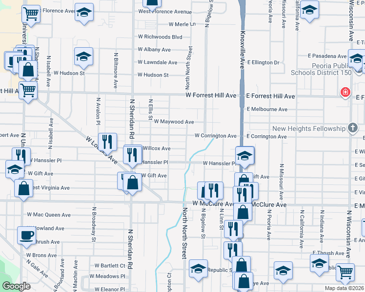 map of restaurants, bars, coffee shops, grocery stores, and more near 403 West Willcox Avenue in Peoria