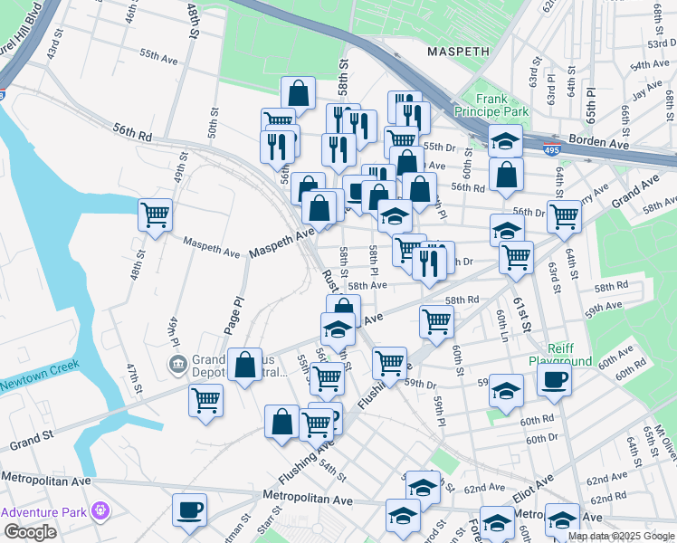 map of restaurants, bars, coffee shops, grocery stores, and more near 57-40 58th Street in Queens