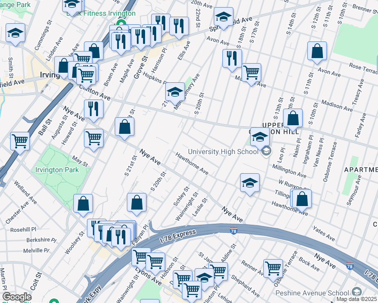 map of restaurants, bars, coffee shops, grocery stores, and more near 58 Voorhees Street in Newark