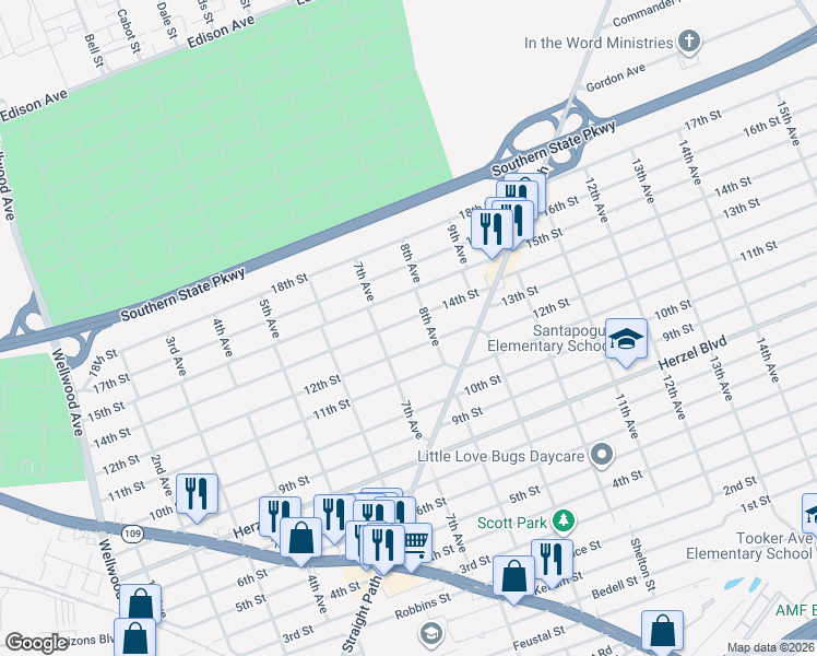 map of restaurants, bars, coffee shops, grocery stores, and more near 746 14th Street in West Babylon