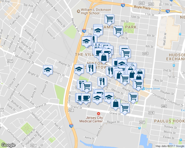 map of restaurants, bars, coffee shops, grocery stores, and more near 202 Wayne Street in Jersey City