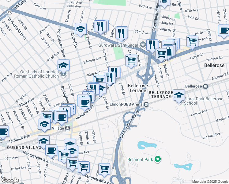 map of restaurants, bars, coffee shops, grocery stores, and more near 9418 226th Street in Floral Park