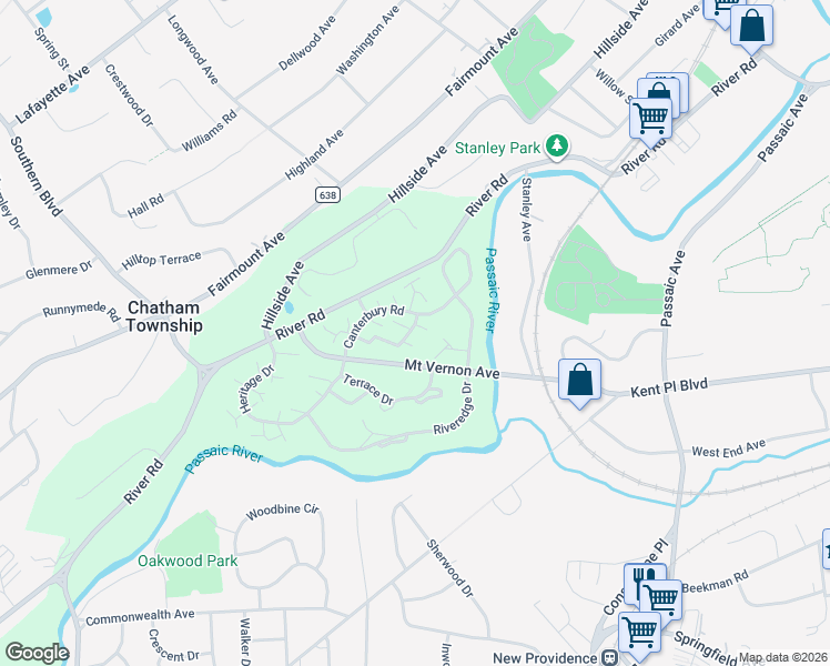 map of restaurants, bars, coffee shops, grocery stores, and more near 17J Canterbury Road in Chatham Township
