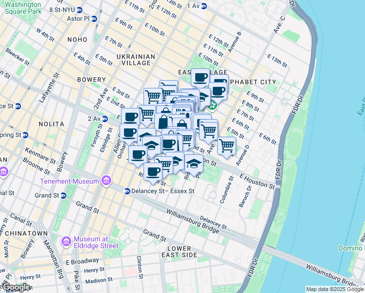 map of restaurants, bars, coffee shops, grocery stores, and more near 210 East 2nd Street in New York