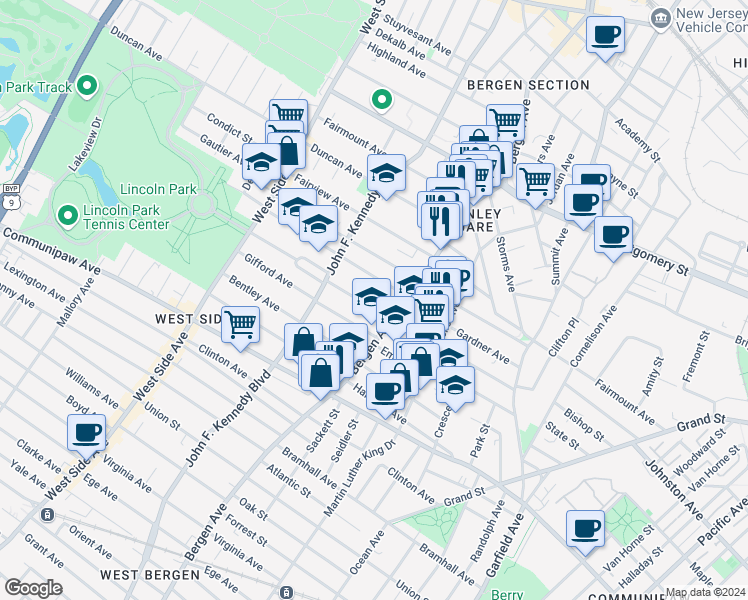 map of restaurants, bars, coffee shops, grocery stores, and more near 154 Belmont Avenue in Jersey City