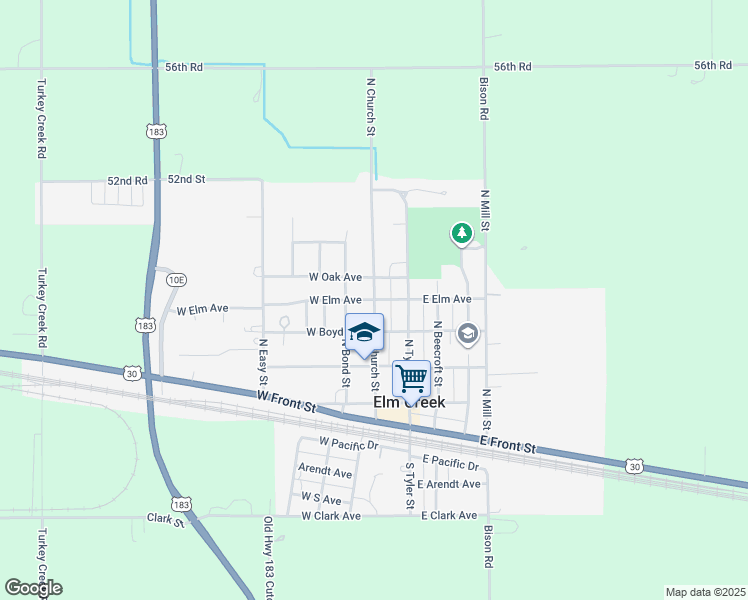 map of restaurants, bars, coffee shops, grocery stores, and more near 501 North Church Street in Elm Creek