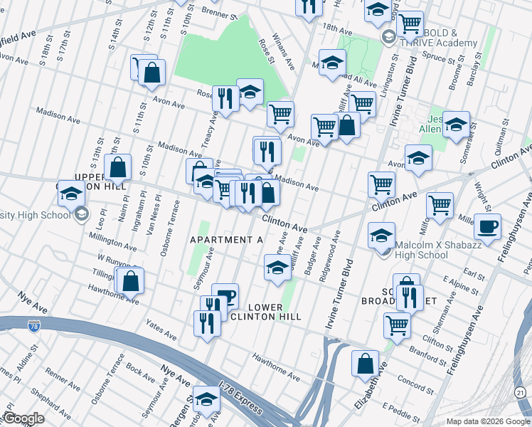 map of restaurants, bars, coffee shops, grocery stores, and more near 629 Hunterdon Street in Newark