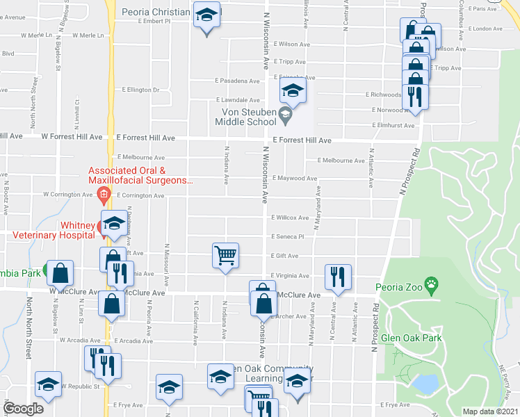 map of restaurants, bars, coffee shops, grocery stores, and more near 2811 North Wisconsin Avenue in Peoria