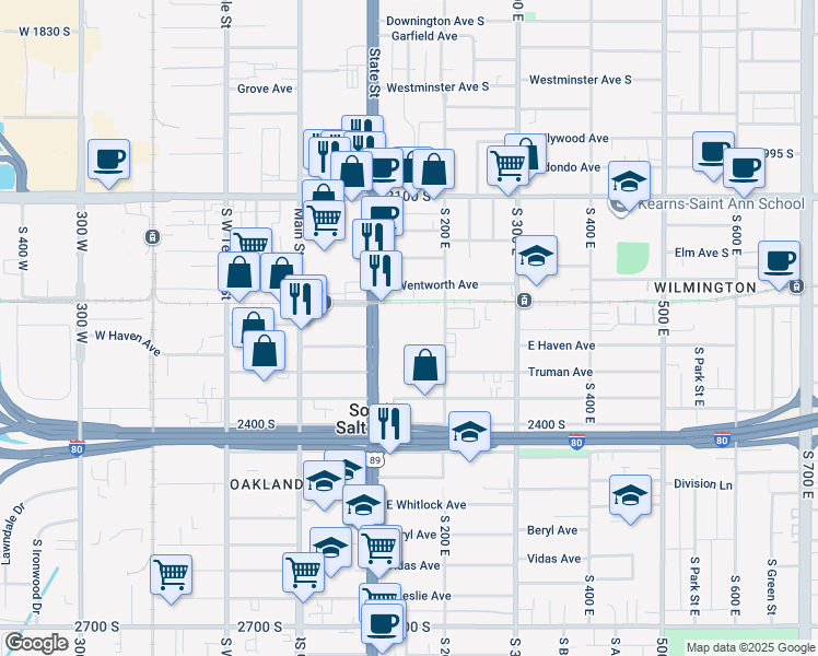 map of restaurants, bars, coffee shops, grocery stores, and more near 2265 South State Street in South Salt Lake