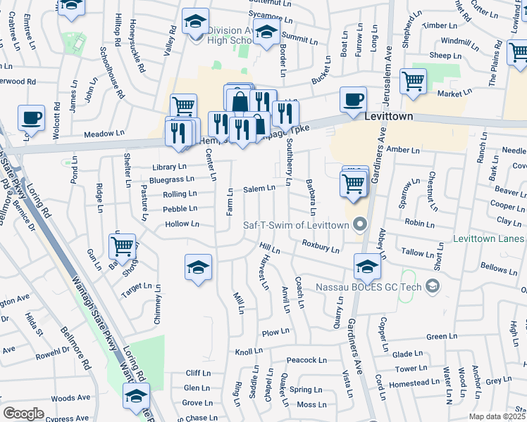 map of restaurants, bars, coffee shops, grocery stores, and more near 10 Academy Lane in Levittown