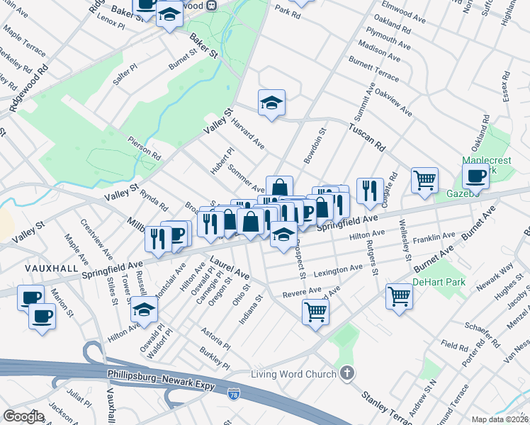 map of restaurants, bars, coffee shops, grocery stores, and more near 61 Park Avenue in Maplewood